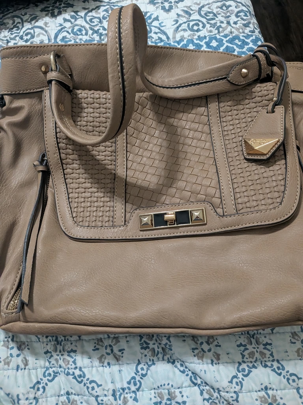 Jessica Simpson Taupe Woven Tote with Gold Accents